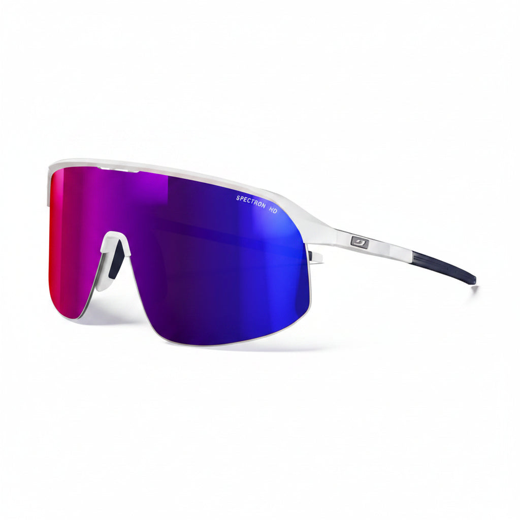 Sunglasses with purple reflective lens on a white background